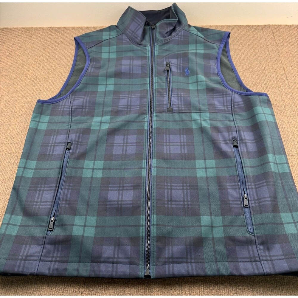 Polo Ralph Lauren Performance Black Watch Plaid Fleece Lined Vest Men's L Green